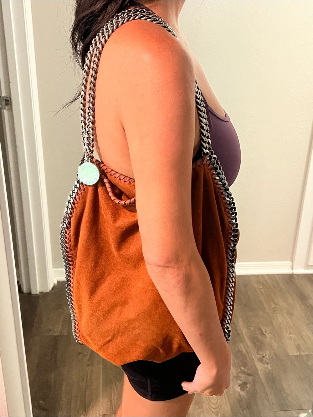 Stella McCartney Rust Brown Suede-Look Shoulder Bag with Silver Chain